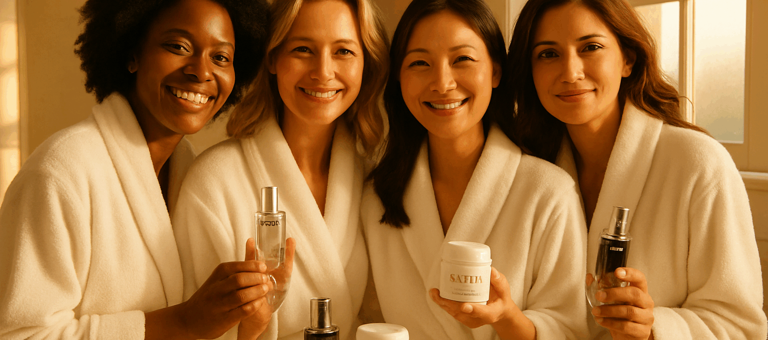 A diverse group of women in their 30s and 40s wearing plush robes gather around a bathroom counter with La Mer and Lancôme, showcasing a luxury skincare routine.