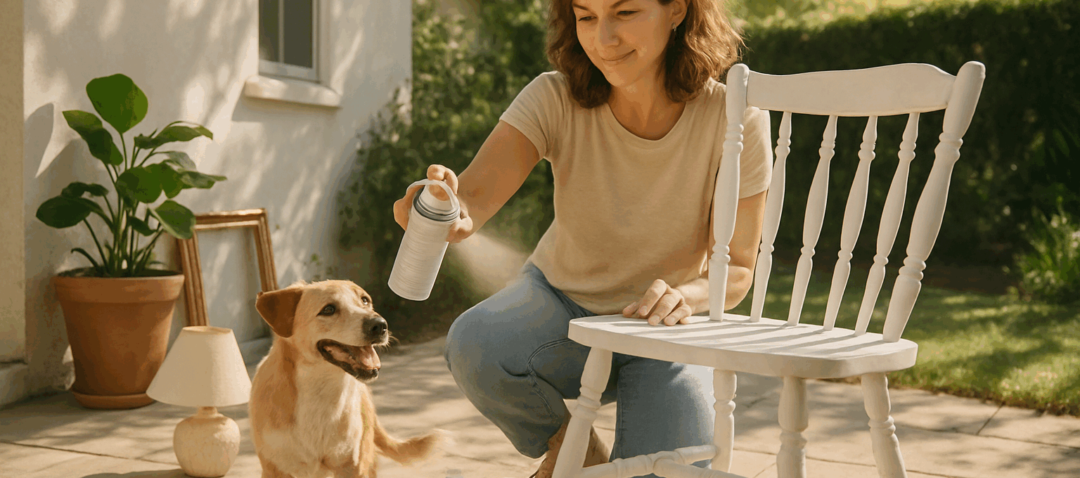 A woman spray painting a vintage chair on a patio, demonstrating how to flip thrifted finds into high-end home pieces.