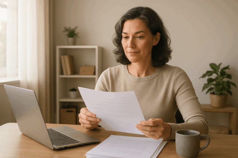 A woman in her late 40s sits at a home office desk, confidently reviewing paperwork to illustrate getting financially secure in your 40s.
