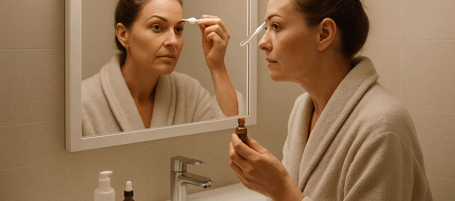 A woman in her 40s applies lash and brow serums in a well-lit bathroom, demonstrating the best way to use lash and brow serums.