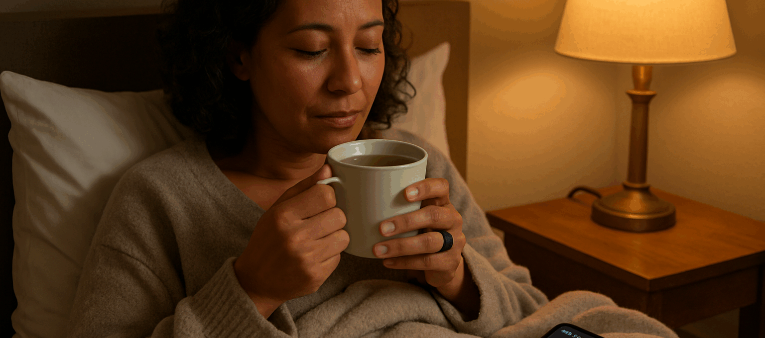 A woman in her 40s sits in bed for her bedtime routine with an Oura Ring on her finger, cozy under soft lamplight, showing the focus keyphrase: Oura Ring review.