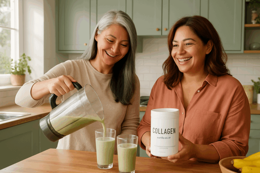 Two women in their 40s enjoy smoothies together in a bright kitchen, with one holding a collagen powder canister, focusing on the benefits of collagen for skin.