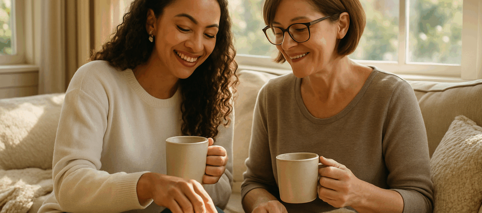 Photorealistic image of two women sampling skincare products in a cozy living room, illustrating the concept of starting anti-aging routines early.