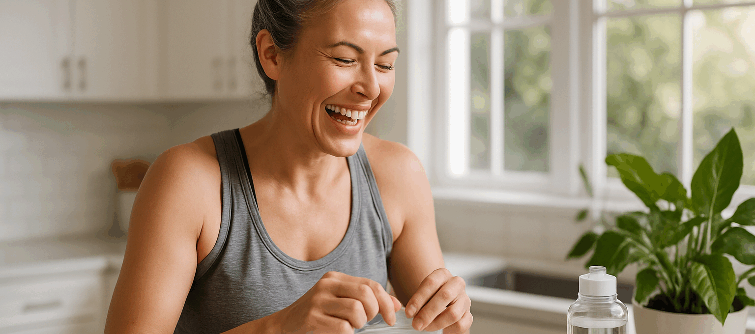 A woman in her 40s with gray streaks in a bun smiles while opening a bag of daily greens gummies in a bright kitchen, showing the ease of taking daily greens gummies.