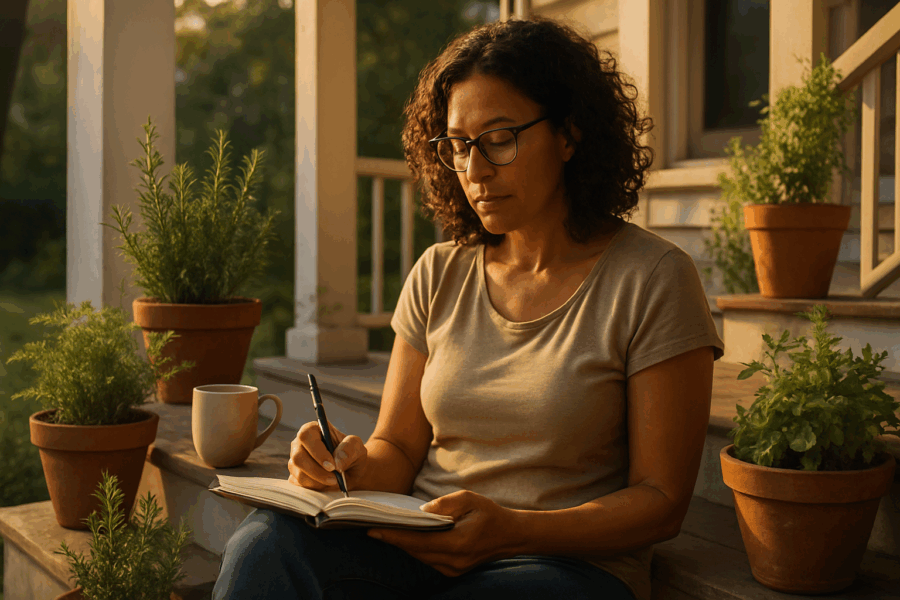 A woman in her late 40s with shoulder-length curls and glasses sits on a porch at sunset, journaling and sipping herbal tea, surrounded by potted herbs. Focus Keyphrase: fasting over 40.