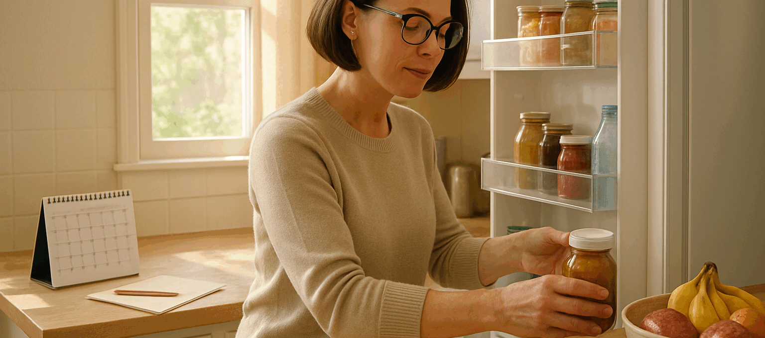 A woman in her 40s organizes her fridge in a sunlit kitchen for a Sunday Setup, with a calendar and notepad behind her—key for lowering weekday chaos.