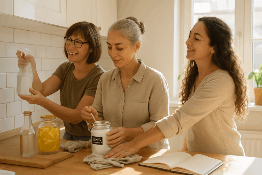 Three women work together in a sun-filled kitchen making and using green cleaning solutions for a 'green cleaning' routine.