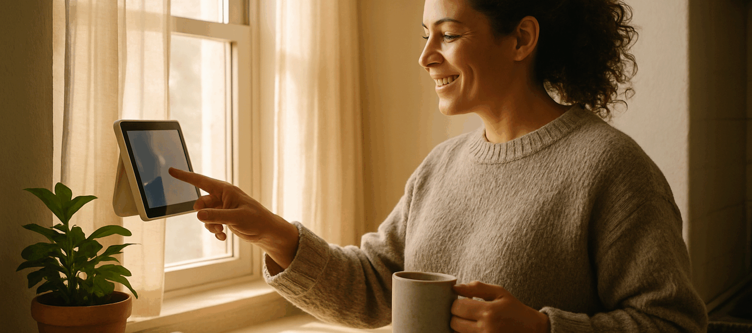 A woman in her late 30s adjusts a smart display in a sunlit kitchen nook, highlighting a cozy smart home beginner’s guide.