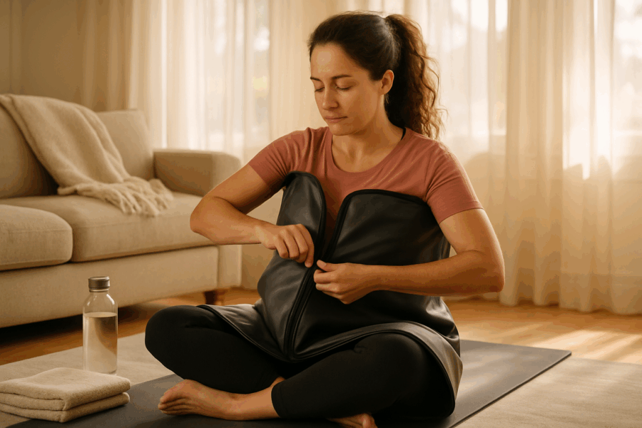 A woman in her 40s sits on a yoga mat in her living room using an infrared sauna blanket for stress and sleep support.