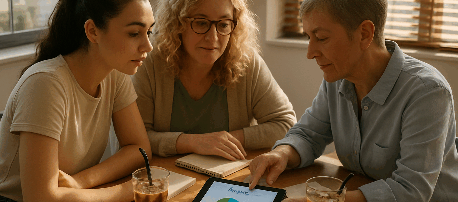 Three women of different ages discussing money apps at a bright dining table, comparing features of Ellevest, Sequin & WealthMeUp as part of a financial fit goal-setting session.