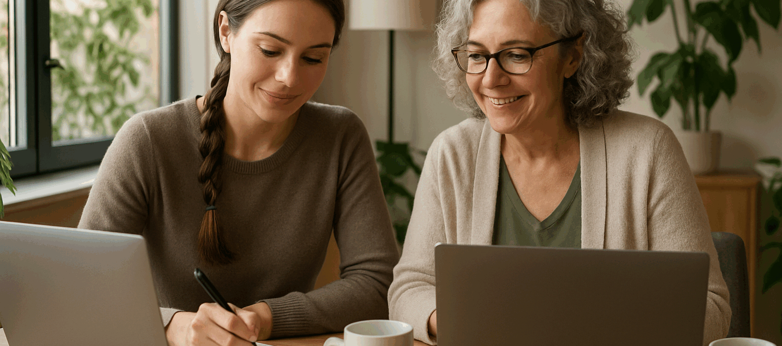 Two women in a modern home office discuss Roth IRA strategies over coffee, conveying the main Focus Keyphrase: Roth IRA for women.