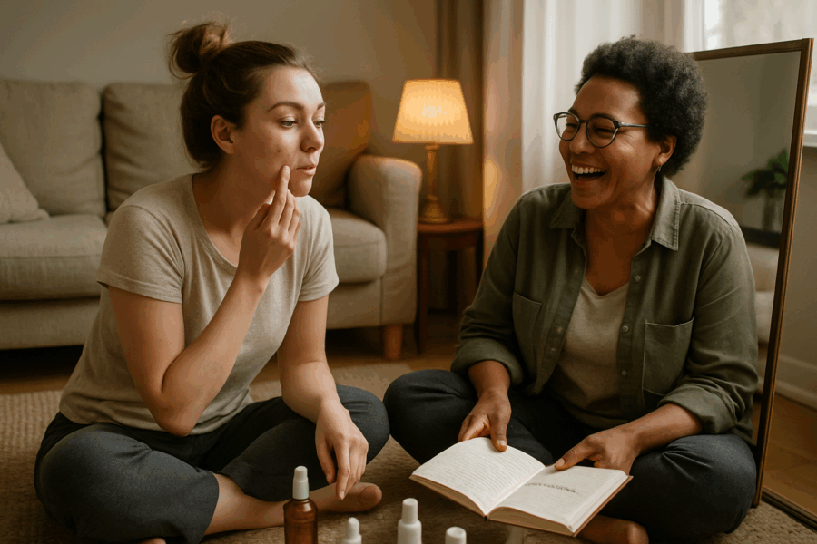 Two women practicing face mapping for acne decoding in a cozy, sunlit living room, seated on the floor with a mirror and skincare products.
