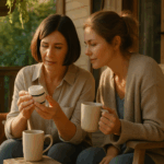 Two women in their 40s sit on a porch with coffee mugs, examining a jar of face cream—focus is on learning about peptide creams.