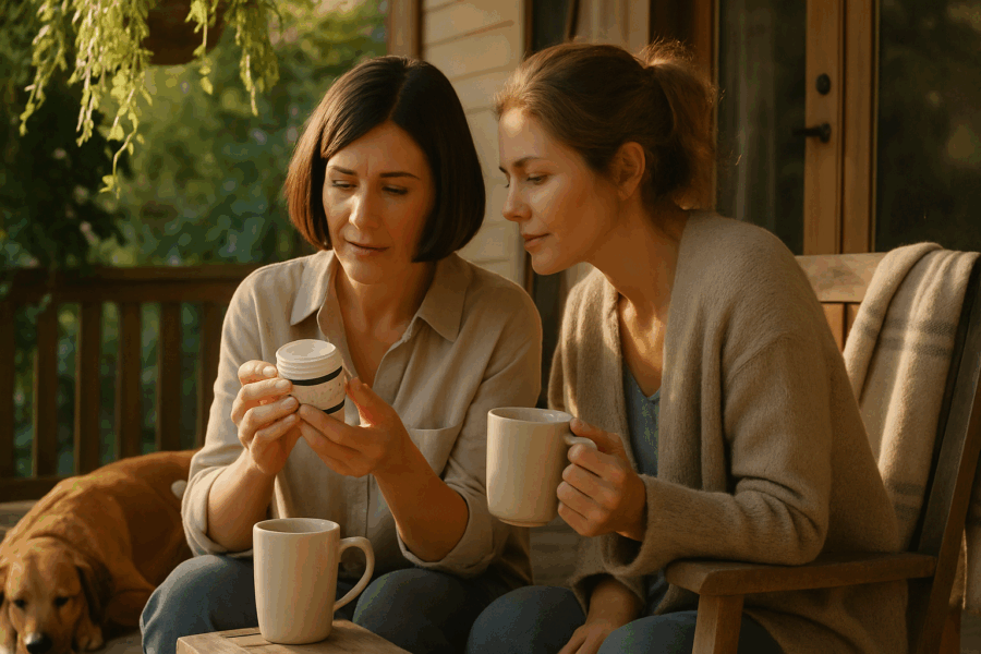 Two women in their 40s sit on a porch with coffee mugs, examining a jar of face cream—focus is on learning about peptide creams.