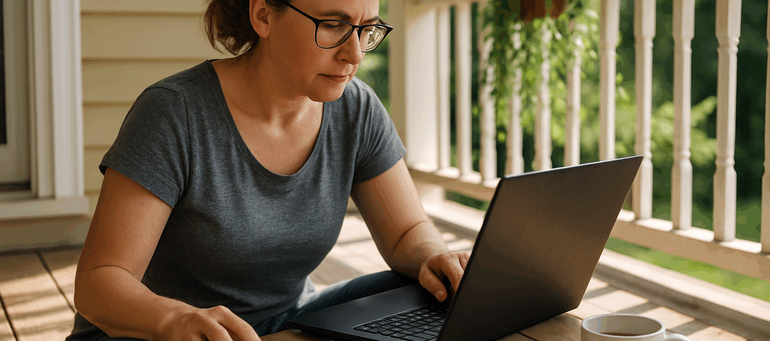A woman in her 40s with glasses and a ponytail organizes her online accounts on a laptop while sitting on a sunlit porch, illustrating the importance of protecting your digital legacy.
