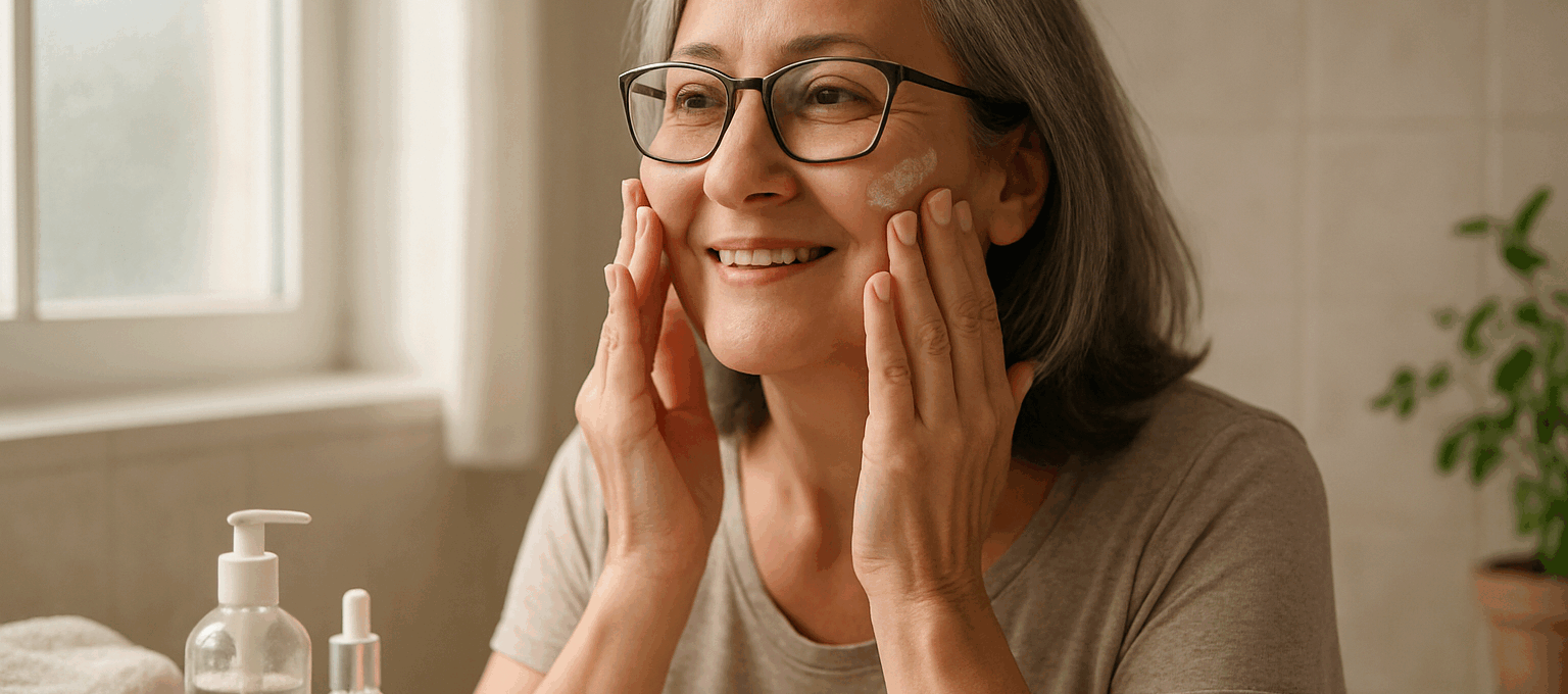 A woman in her 50s with gray-streaked hair and glasses applies moisturizer to her face in a softly lit bathroom, showing how to achieve Korean glass skin for mature skin.