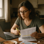 A woman in her late 30s audits her subscriptions at a kitchen table, highlighting rows on a credit card statement. The scene shows clarity and control as she focuses on her subscription costs.