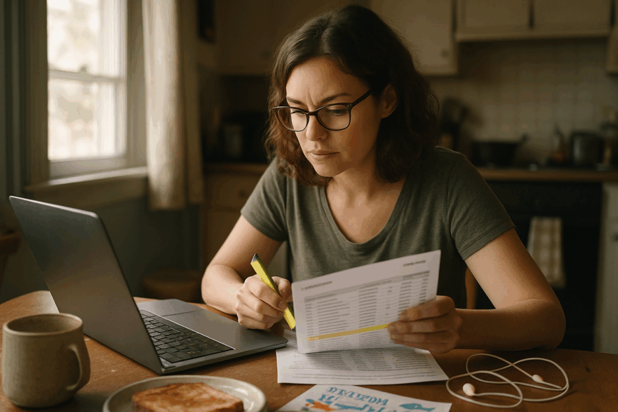 A woman in her late 30s audits her subscriptions at a kitchen table, highlighting rows on a credit card statement. The scene shows clarity and control as she focuses on her subscription costs.