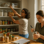 Two women in their 30s organize a kitchen pantry, placing clear bins and labeling jars for a tidy pantry reset.