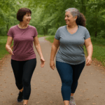 Two women in their 40s power walking in a leafy park, demonstrating how walking can be a strength builder.