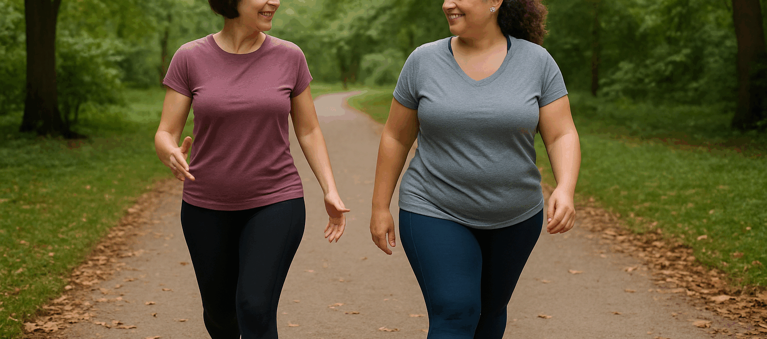 Two women in their 40s power walking in a leafy park, demonstrating how walking can be a strength builder.